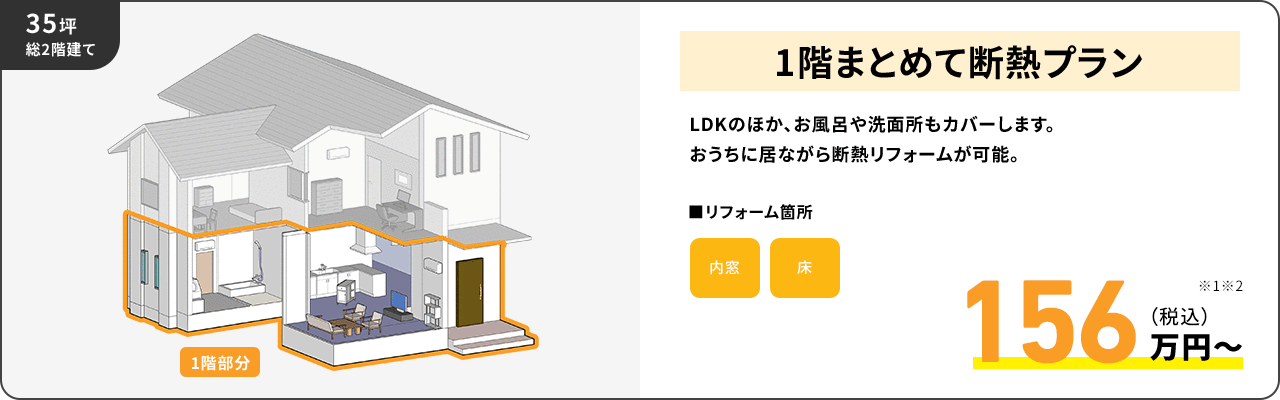 35坪 総2階建て1階まとめて断熱プラン  LDKのほか、お風呂や洗面所もカバーします。 おうちに居ながら断熱リフォームが可能。■リフォーム箇所 内窓 床 156万円～
